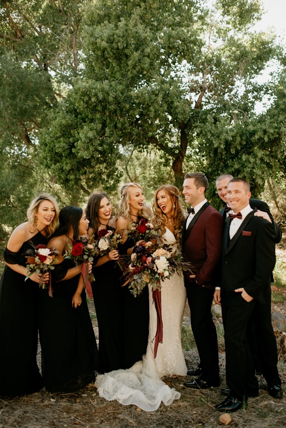 white gown and black bridesmaid dresses for black and burgundy fall wedding 2020