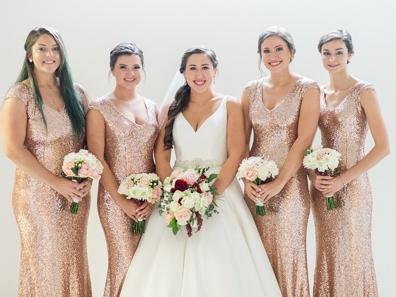 white and gold wedding bridesmaid dresses