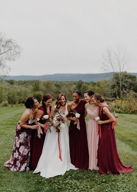 rose gold and maroon bridesmaid dresses